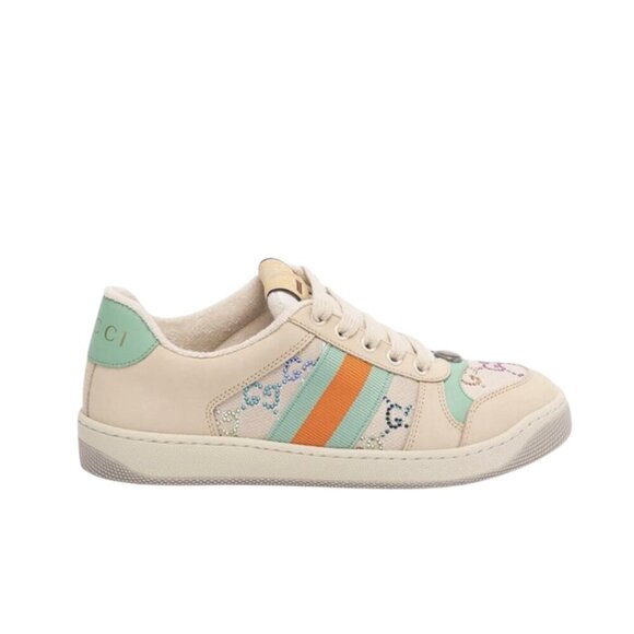 Gucci GG Screener Panelled Leather Trainers Sneakers Womens 36 6 Cream Green